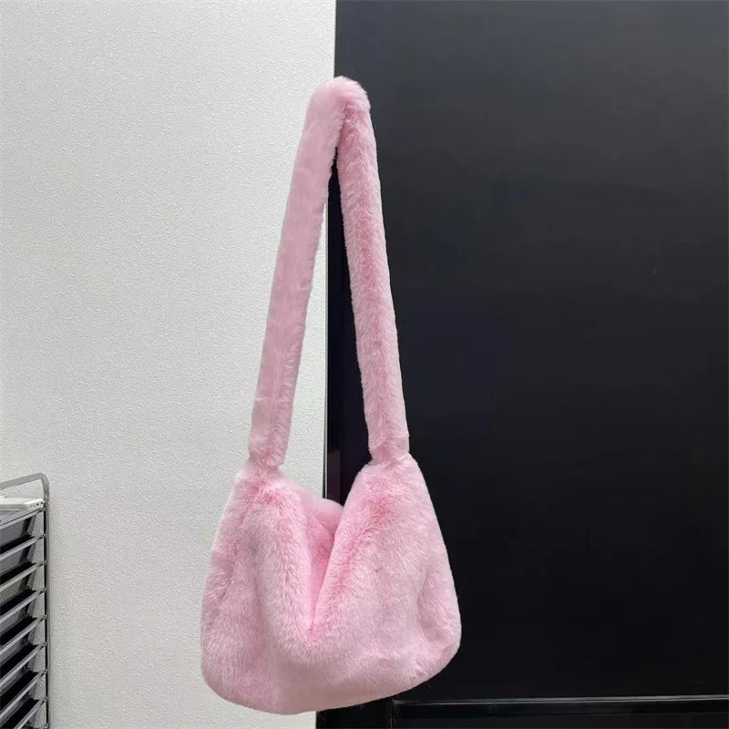 New Rabbit Plush Bag for women Versatile Shoulder Y2K Rose Red Millennium Spicy Girls Style Crossbody Plush Student armpit Bag