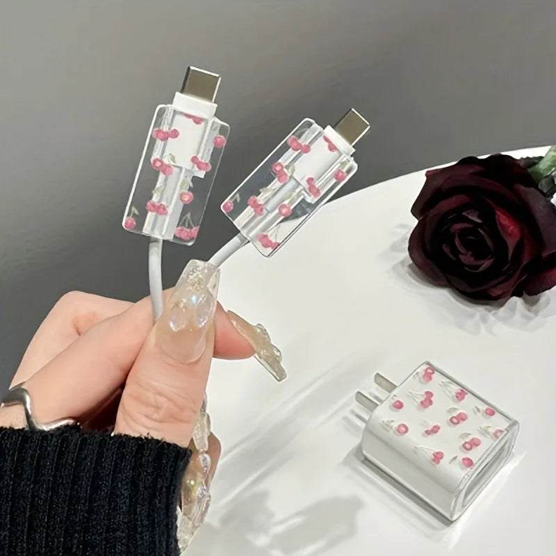 US Charger Protection Cover for iPhone, Cute Cherry USB Cable Winder, Protector Shell Case for Apple 12, 13, 11 Pro Max, 20W