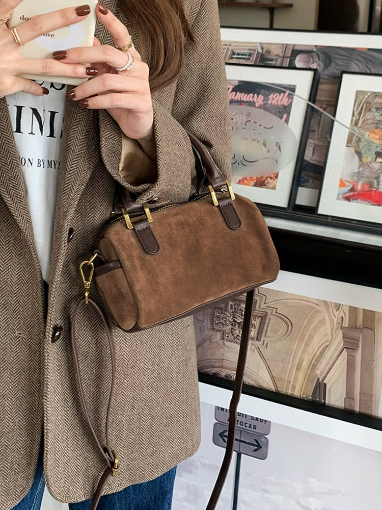 Vintage Suede One-Shoulder Crossbody Boston Pillow Bag