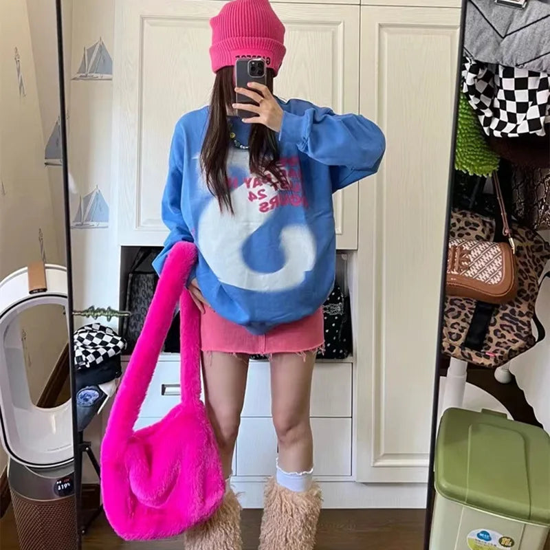 New Rabbit Plush Bag for women Versatile Shoulder Y2K Rose Red Millennium Spicy Girls Style Crossbody Plush Student armpit Bag