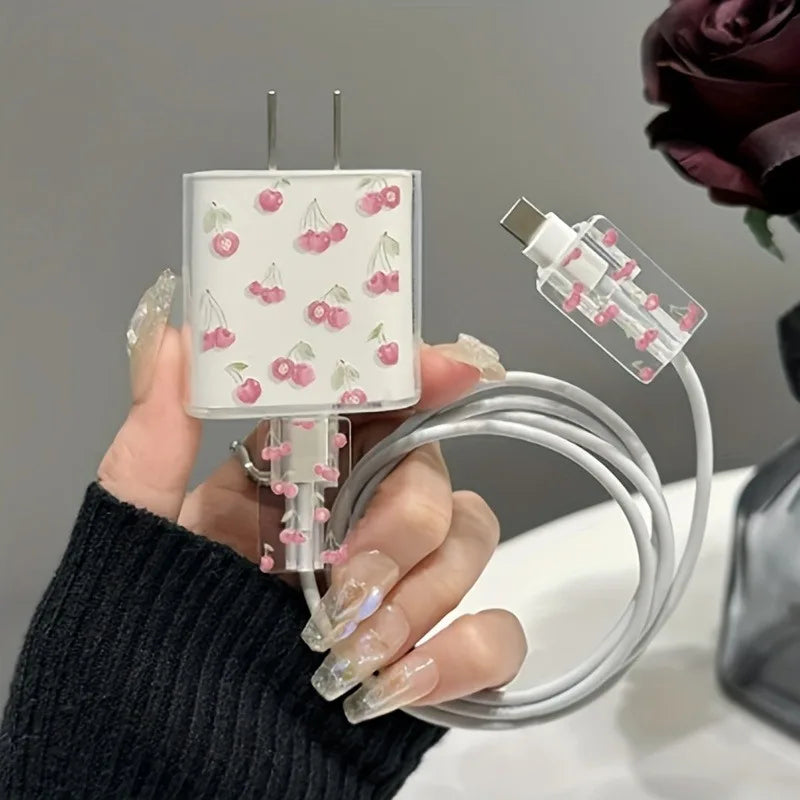 US Charger Protection Cover for iPhone, Cute Cherry USB Cable Winder, Protector Shell Case for Apple 12, 13, 11 Pro Max, 20W