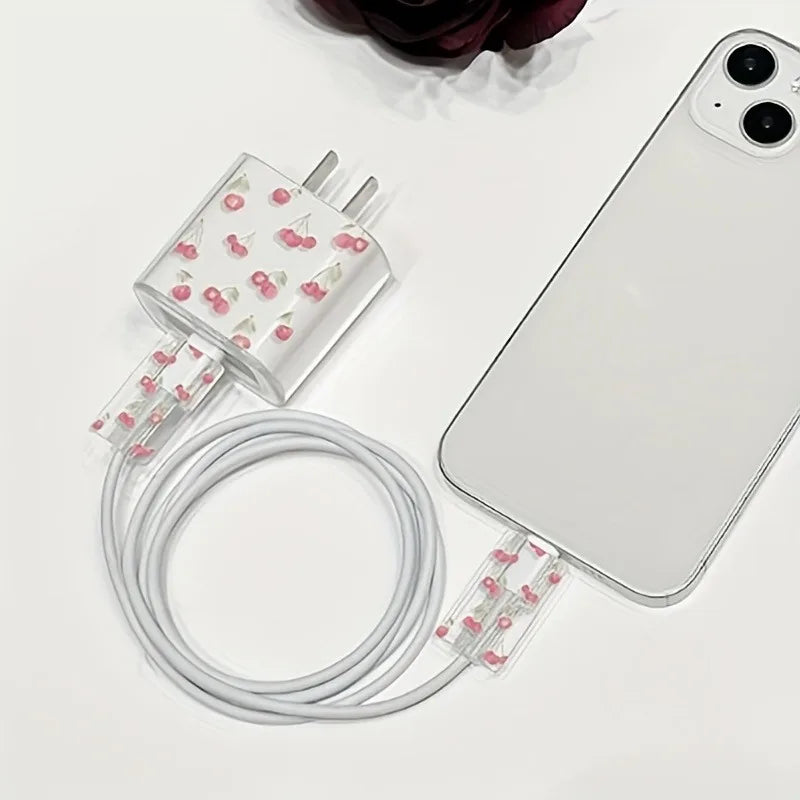 US Charger Protection Cover for iPhone, Cute Cherry USB Cable Winder, Protector Shell Case for Apple 12, 13, 11 Pro Max, 20W