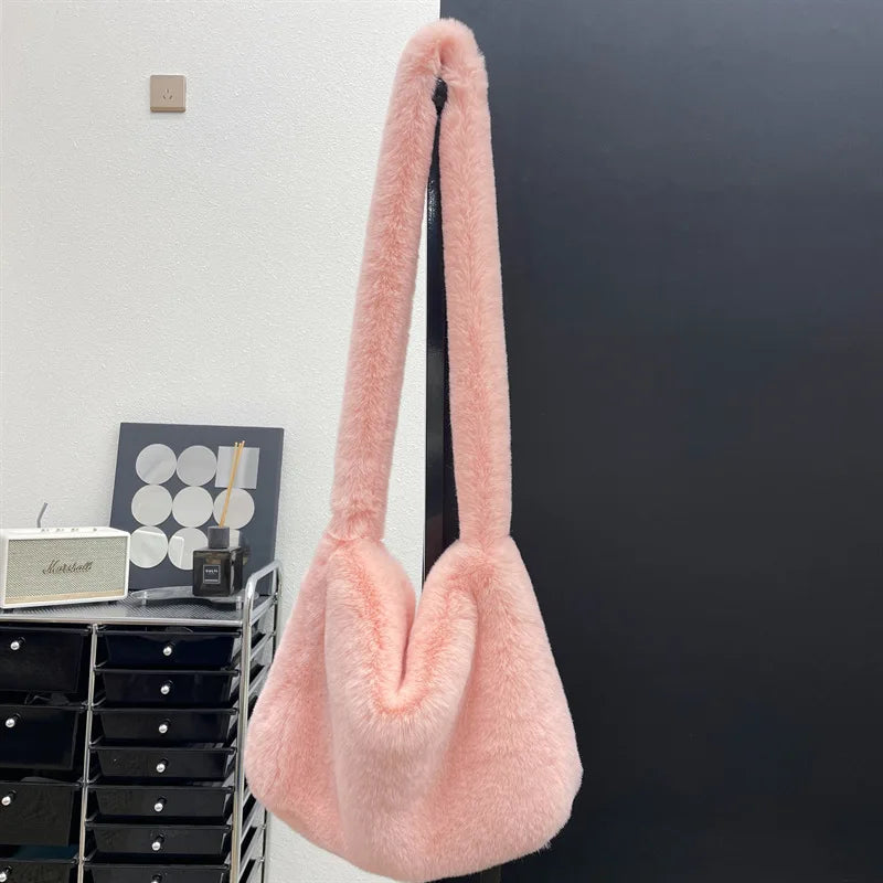 New Rabbit Plush Bag for women Versatile Shoulder Y2K Rose Red Millennium Spicy Girls Style Crossbody Plush Student armpit Bag
