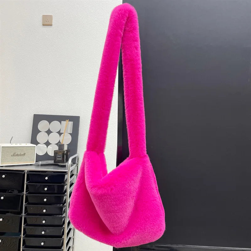 New Rabbit Plush Bag for women Versatile Shoulder Y2K Rose Red Millennium Spicy Girls Style Crossbody Plush Student armpit Bag